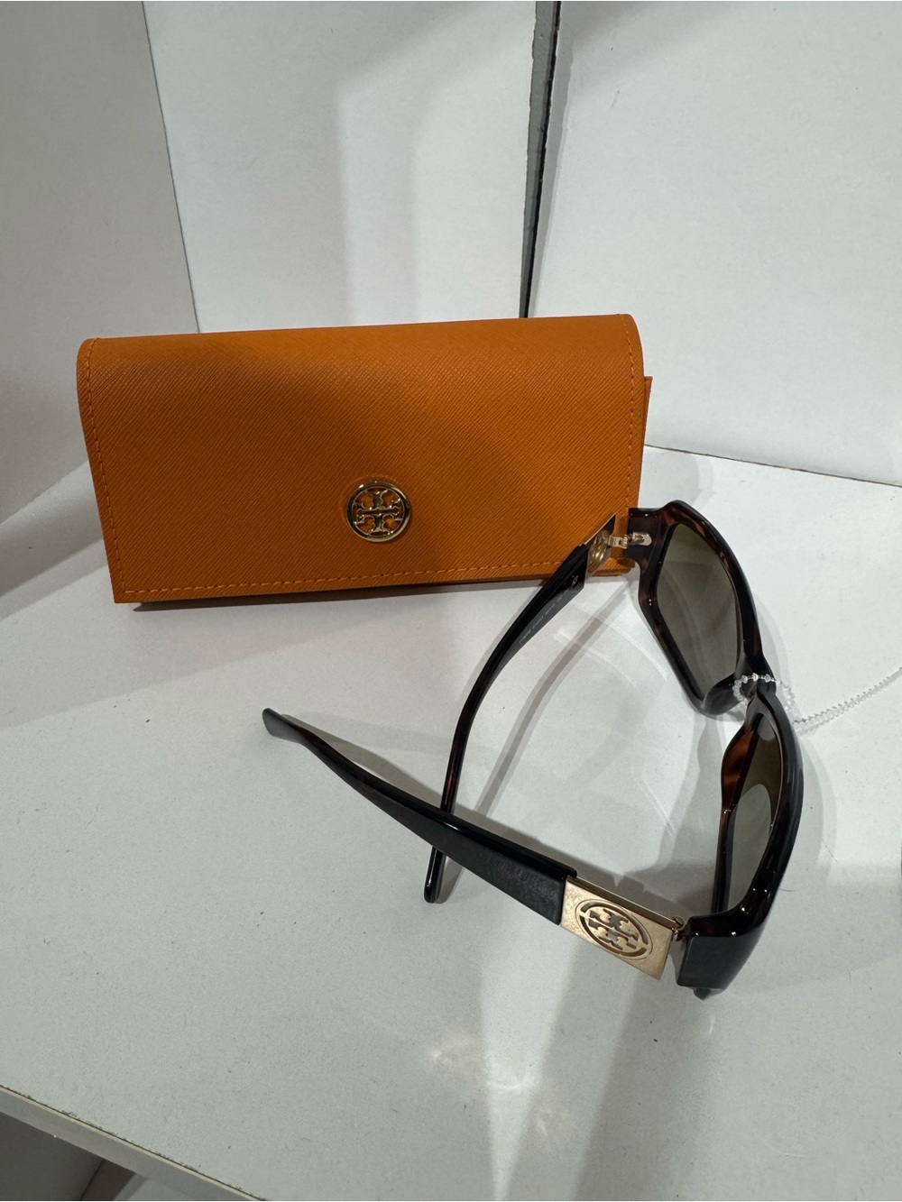 Tory Burch Black Tortoise Sunglasses with Gold Logo and Orange Case